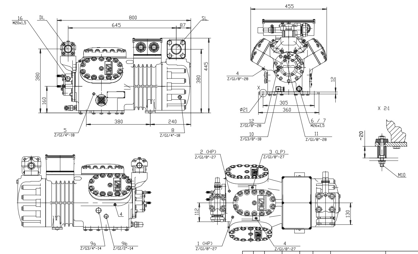 DMZL 6-Cylinder Semi-Hermetic Piston Compressor 20-50HP DMZL 6-цилиндровый полугерметичный поршневой компрессор мощностью 20-50 л.с.